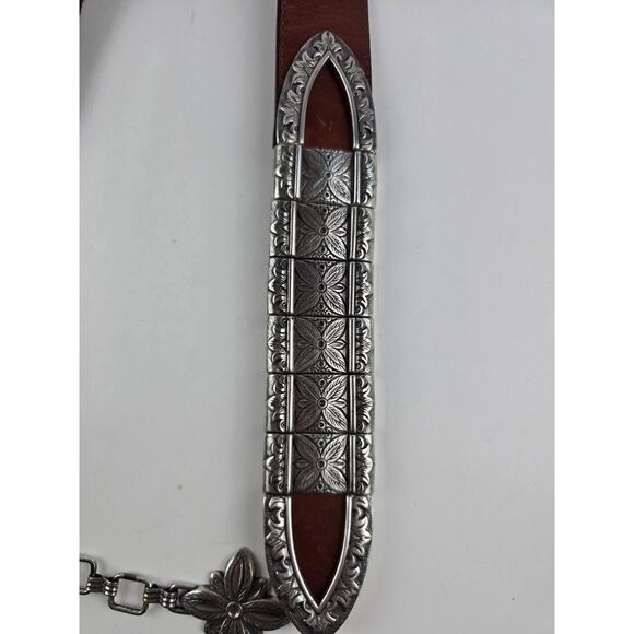 Vintage Brighton brown leather silver tone chain link flower belt 40\